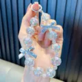 Crystal beaded phone charm with cute bow keychain strap accessory for handbags and phones - Silver