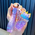 Purple glitter cat ear milk tea cup keychain charm with motivational text strap SKU - Cat Ear Milk Tea Cup / Purple