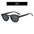 Gafas de sol redondas retro negras con detalles de remaches plateados y lentes oscuras - Montura Negra Lentes Grises (C1)