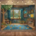 Vibrant cartoon wooden study theme photography background cloth for interior home decoration - 95x75cm