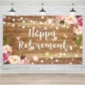 Floral wood grain retirement theme backdrop for party photography and decorations - 95x75cm