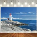 Sfondo fotografico a tema faro con stampa di cielo blu e suggestivo paesaggio costiero - 95x75cm