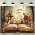 Hermoso fondo de bosque de cuento de hadas con casas hongo y animales para fotos - 95x75cm