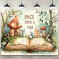 Fairy tale forest backdrop with mushroom house and open book for children's party decoration - 95x75cm