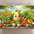 Lebhafter Cartoon-Gemüse-Bauernhof Fotohintergrund für eine Farm-Event-Dekoration - 95x75cm