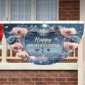 Fan-shaped anniversary banner with pink and blue rose design for party decor - Flat Style / 37.5x75cm