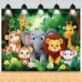 Vibrant cartoon jungle animals backdrop with elephant and lion for kids party decor - Rainforest Animals (SBJ-0014)