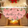 Festive decorative fan-shaped banner for Mother's Day with pink tulip and butterfly design - Flat Style / 37.5x75cm