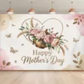 Fond photo vintage fête des mères avec fleurs, théière et motif coeur doré élégant - 95x75cm