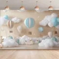 Dreamy hot air balloon and white clouds photography backdrop for kids birthday studio - 95x75cm