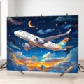 Sfondo fotografico cielo stellato e aereo in stile pittura a olio per festa di viaggio - 95x75cm
