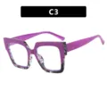 Women's oversized square blue light blocking glasses frame in stylish C3 purple color block. - Transparent White Base with Purple Dotted Flowers