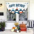 Semicircular cartoon penguin happy birthday banner for children's party yard decoration - Flat Style / 37.5x75cm