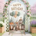 Forest animal themed happy birthday arch backdrop for children's party decoration - 50x120CM