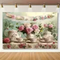 Fond photographique de thé à la rose vintage avec dentelle et motif de théière - 150x90cm