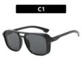 Square frame double bridge punk style sunglasses for men in classic black finish C1 - Square Frame Double Bridge Style (C1) / Shiny Black Full Gray