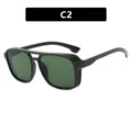 Retro punk style double bridge sunglasses with black frame and dark green lenses - Square Frame Double Bridge Style (C2) / Bright Black Frame Dark Green Lens