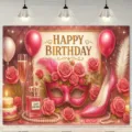 Fond de thème de mascarade d'anniversaire rose avec roses masque et talon haut pour fête - Thème Mascarade Rose / 95x75cm