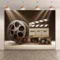 Vintage movie themed photography backdrop featuring a film reel and clapperboard design - 95x75cm