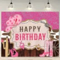 Pink western cowboy birthday backdrop for sweet cool girl party photography banner decoration - 95x75cm