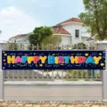 Colorful Happy Birthday banner backdrop for outdoor kids party decoration on white fence - 30x120cm (With Holes and Rope)