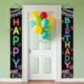 Neon Happy Birthday porch banners with colorful balloons and party elements decor - 30x150cm / Colorful