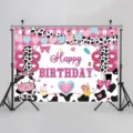 Pink cow print birthday backdrop with Happy Birthday text for party photography decor - 95x75cm