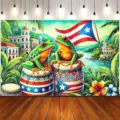 Puerto Rico theme photography backdrop with tree frogs and flag for cultural events - SBJ-001 Style / 95x75cm