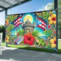 Puerto Rico themed photography backdrop featuring Coqui frog and tropical hibiscus flowers - Puerto Rican Culture Festival Backdrop (SBJ-002) / 95x75cm