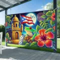 Puerto Rico theme backdrop with Coqui frog and hibiscus flowers for culture festivals - Puerto Rican Tree Frog Style (SBJ-003) / 95x75cm