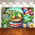 Vibrant Puerto Rico theme photography backdrop with tree frogs and flag for party decor - Tree Frog and Floral Style (SBJ-004) / 95x75cm