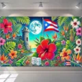 Vibrant Puerto Rico theme photo backdrop featuring Coqui frog and tropical hibiscus - SBJ-005 Style