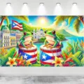 Vibrant Puerto Rico theme photography backdrop featuring tree frogs and tropical flowers - SBJ-006 Style