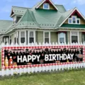 BBQ theme Happy Birthday banner with red and white plaid border for fence decor. - 30x120cm