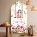 Sfondo ad arco fiabesco con fata e casa a fungo per decorazione compleanno - 120x220CM