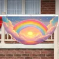 Pancarta en forma de abanico con arcoíris y amanecer para decoración de vallas de jardín. - 37.5x75cm (Estilo Plano)