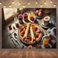Fotografie achtergrond Frans crêpe ontbijtthema met diverse fruit en jam elementen - 95x75cm