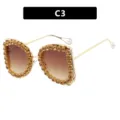 Elegant gold metal sunglasses with oversized frames and amber rhinestone crystals - One Size / Double Tea (C3)
