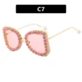 Luxe dames cat-eye zonnebril met roze strass steentjes en gouden metalen montuur C7 - Eén maat / Transparant Roze (C7)