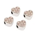 Silver plated heart beads with plaid star pattern for jewelry making - 19x21x14mm, Hole 5mm, 1 Pc/Pack / Brown and White Plaid