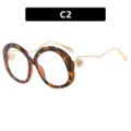 Gafas redondas de gran tamaño en carey con patillas de metal y detalle de perla, C2 - Gafas de Plano Redondas de Gran Tamaño (3238-C2) / Leopardo / Lente Clara
