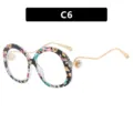 Vintage runde übergroße Brille mit floralem Rahmen und goldener Perle, Farbe C6 - Schwarzer Blumenrahmen Klare Gläser