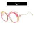 Große runde Brille mit geometrischem Rahmen und perlenverzierten goldenen Bügeln - Rosa Rahmen Klare Linse
