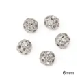 6mm silver hollowed-out round beads with clear rhinestones for DIY jewelry crafts - 20 Pieces Set / Diameter 6mm (Hole 1mm) / Electroplated Silver With White Rhinestone