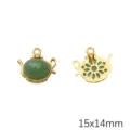 Vintage teapot-shaped pendant with green faux jade inlay in gold finish, measures 15x14mm - Teapot Oval / 2 Pieces/Pack