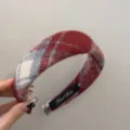 Elegant red plaid wool wide headband for women featuring a stylish handmade label detail - 4cm / Grey and White Plaid