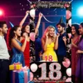 Schwarz-rosa Hintergrund für den 18. Geburtstag mit glitzernden Ballons und Happy Birthday - 18 Geburtstag (DAYX007) / 90x180cm