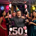 Eleganter schwarz-rosa Fotorahmen-Hintergrund zum 50. Geburtstag mit Glitzer und Ballons - 50 Geburtstag (SYX-004) / 90x180cm