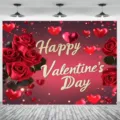 Romantic Valentine's Day backdrop featuring red roses, hearts, and golden greeting - SBJ-004 / 95x75cm