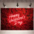 Toile de fond photographie mur de roses rouges avec texte néon Happy Valentine's Day - Style Cœur de Rose Rouge (SBJ-007) / 95x75cm